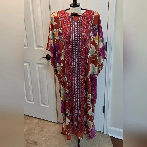 NATORI CAFTAN PINK ORANGE YELLOW ORIENTAL FLOWERS PAISLEY NIGHTGOWN LEISURE S - Picture 12 of 12